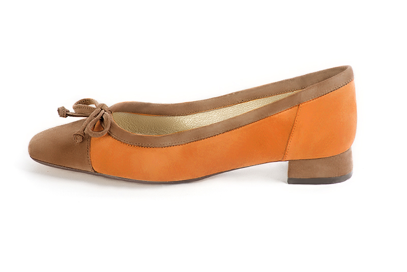 Camel beige and apricot orange women's ballet pumps, with low heels. Square toe. Flat flare heels. Profile view - Florence KOOIJMAN